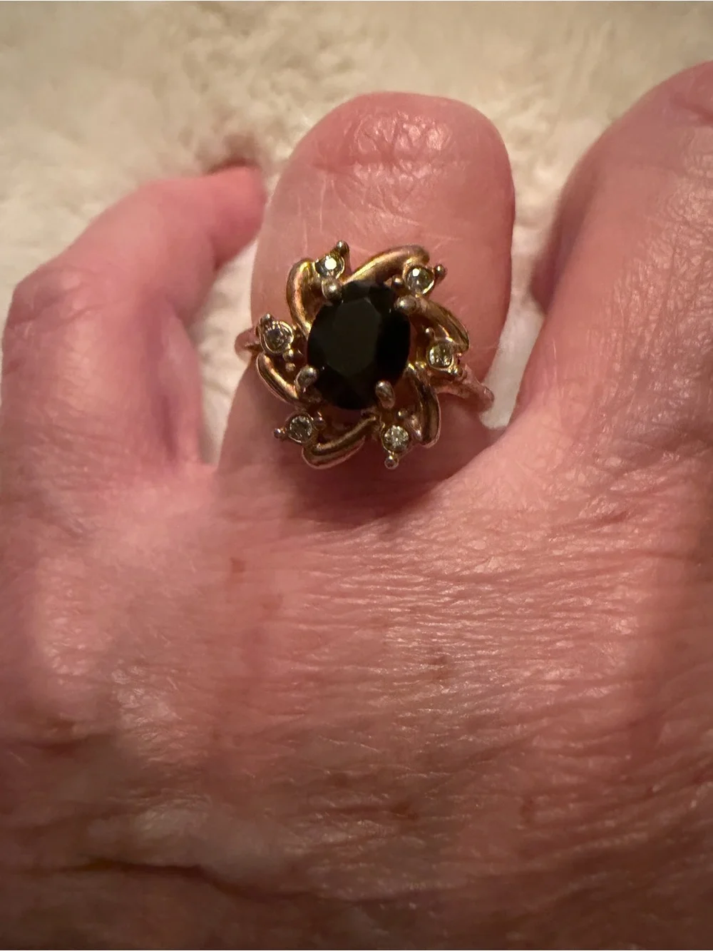 Gold-Tone Black Stone Floral Statement Ring - Women Jewelry